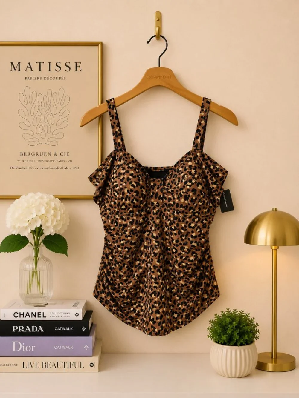 Ashley Stewart Leopard Tankini Top Brown Black Size 12 NWT Ruched Swim Top
